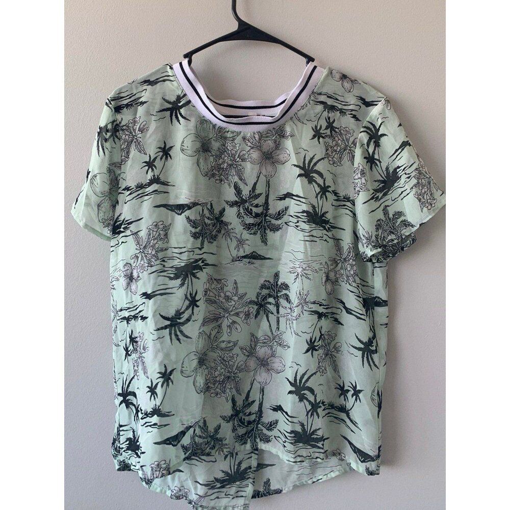 H&M Eyeshadow Women Mint Green Tropical Palm Tree Split Back Sheer Blouse Top